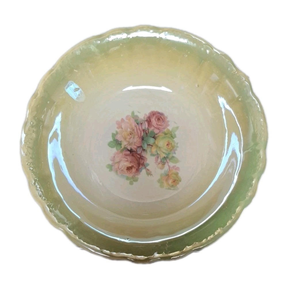 Vtg Antique‎ Homer Laughlin Angelus Specialty Salad Bowl Nappy Green w/ Roses 9"